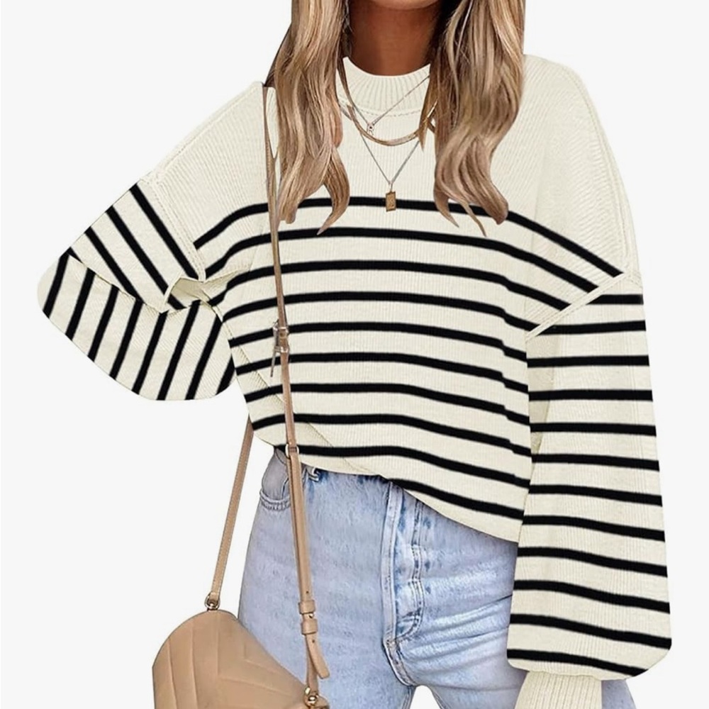 Oversized Striped Black and White Turtleneck Batwing sleeves Sweater